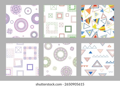 Seamless pattern of geometric shapes. Bright seamless pattern. Set of 6 patterns. Design for fabric, wallpaper, wrapping paper