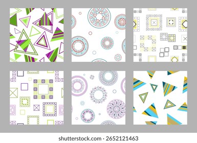 Seamless pattern of geometric shapes. Bright seamless pattern. Set of 6 patterns. Design for fabric, wallpaper, wrapping paper