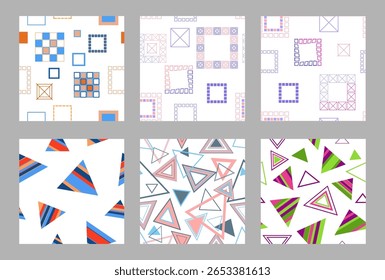 Padrão contínuo de formas geométricas. Padrão perfeito e brilhante. Conjunto de 6 padrões. Design para tecido, papel de parede, papel de embrulho