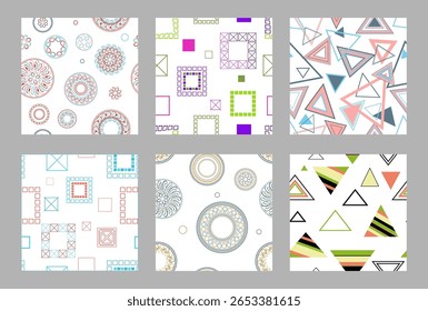 Padrão contínuo de formas geométricas. Padrão perfeito e brilhante. Conjunto de 6 padrões. Design para tecido, papel de parede, papel de embrulho