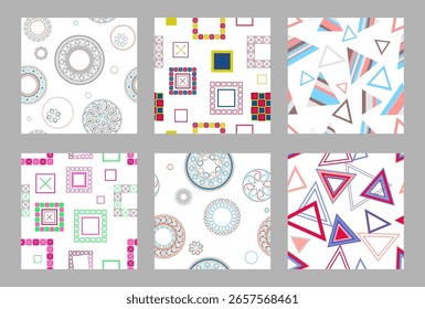 Seamless pattern of geometric shapes. Bright seamless pattern. Set of 6 patterns. Design for fabric, wallpaper, wrapping paper