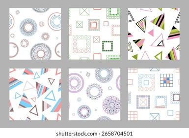 Padrão contínuo de formas geométricas. Padrão perfeito e brilhante. Conjunto de 6 padrões. Design para tecido, papel de parede, papel de embrulho