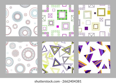 Seamless pattern of geometric shapes. Bright seamless pattern. Set of 6 patterns. Design for fabric, wallpaper, wrapping paper