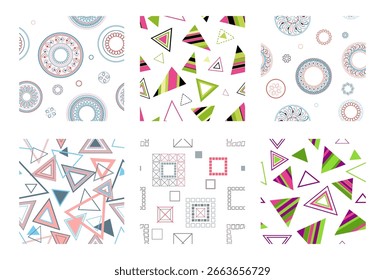 Padrão contínuo de formas geométricas. Padrão perfeito e brilhante. Conjunto de 6 padrões. Design para tecido, papel de parede, papel de embrulho