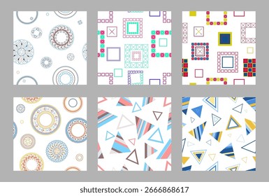 Seamless pattern of geometric shapes. Bright seamless pattern. Set of 6 patterns. Design for fabric, wallpaper, wrapping paper