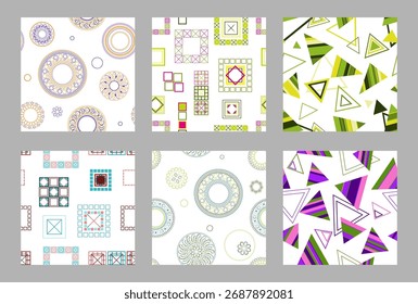Seamless pattern of geometric shapes. Bright seamless pattern. Set of 6 patterns. Design for fabric, wallpaper, wrapping paper