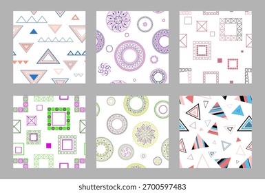Padrão contínuo de formas geométricas. Padrão perfeito e brilhante. Conjunto de 6 padrões. Design para tecido, papel de parede, papel de embrulho