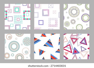 Nahtloses Muster geometrischer Formen. Helles, nahtloses Muster. Satz von 6 Mustern. Design für Stoff, Tapete, Einwickelpapier