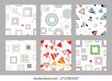 Nahtloses Muster geometrischer Formen. Helles, nahtloses Muster. Satz von 6 Mustern. Design für Stoff, Tapete, Einwickelpapier