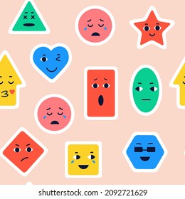 Seamless pattern of geometric shapes characters with face and emotions. Vector kids background
