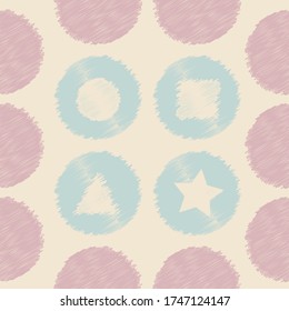 Seamless pattern with geometric shapes: circles, stars, squares, pink and blue pastel circles. It can be used for Wallpaper, textiles, wraps, and more. Vector graphics.