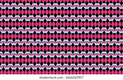 Patrón sin fisuras de Formas geométricas, círculos, Formas de diamantes, líneas onduladas y más en una variedad de colores que incluyen rosa, azul claro y negro.