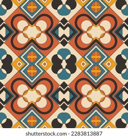 Nahtloses Muster mit geometrischen Formen und Dekorationen in einer gedämpften Vintage-Farbpalette. Vektorgrafik