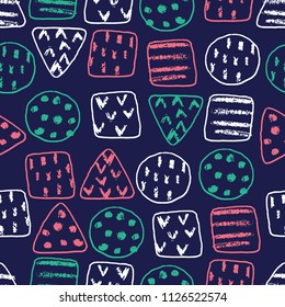 Seamless pattern with geometric shapes drawn in pencil on a dark blue background. Kids background in vector.