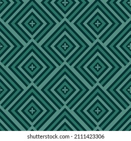 Seamless pattern of geometric shapes with an emerald green four-leaf motif. Digital background, vector illustration, surface design