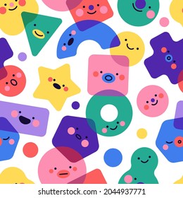 Seamless pattern geometric shapes with emotions. Funny color characters, different simple bright figures, abstract kids background. Decor textile, wrapping paper wallpaper, vector print