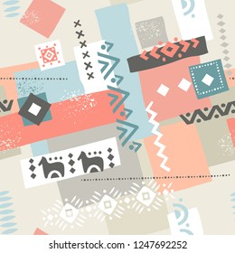 Seamless pattern with geometric shapes and ethnic structures. 