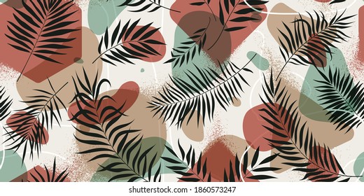 Patrón sin foco con formas geométricas y hojas tropicales exóticas en colores pastel, fondo vectorial minimalista de moda