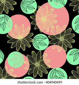 Seamless pattern of geometric shapes, flowers and leaves. It can be used as background or design for textiles.