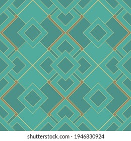 Patrón de formas geométricas sin fisuras, dorado y fondo verde-azul en vector. Bonito papel de pared o tela abstracta 