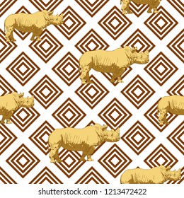 Seamless pattern with geometric shapes and hand drawn rhinos