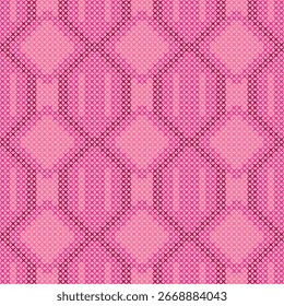 Seamless pattern with geometric shapes and hearts in pink, purple, and violet, perfect for a decorative Valentine's day vector wallpaper design
