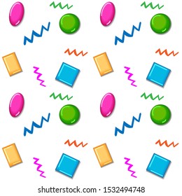 Seamless pattern Geometric shapes icons in different colors for fabric print on isolated background. Vector illustration