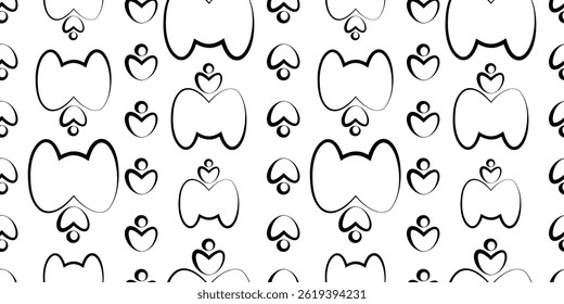 Seamless pattern geometric shapes infinite lines. Vector editable background rounded isolated silhouettes, hearts, circles vertical stripes. Repeating elements infinite png pattern for textil, fabric