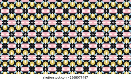 Seamless pattern of geometric shapes inspired by colorful flowers. Perfect for backgrounds, wallpaper and textiles