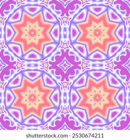 Seamless pattern of geometric shapes. Interlocking star-shaped and circular elements. Soft color palette of pink, purple, and orange. Gentle and calming atmosphere. Complex and intricate design. 