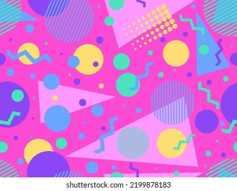 Seamless pattern with geometric shapes in memphis style 80s. Circles and triangles. Colorful abstract background for printing on promotional items, banners and wrapping paper. Vector illustration