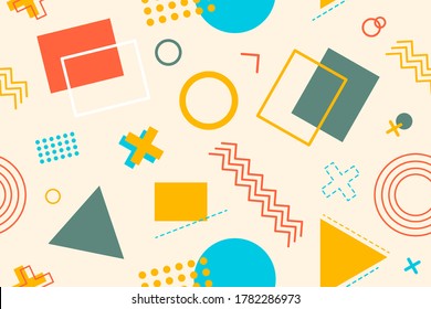Patrón de formas geométricas sin foco. círculos multicolores, rectángulos, triángulos y cruces. Ilustración del vector