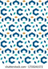Seamless pattern with geometric shapes on a white background. Blue, orange, turquoise polygons, hexagons. Summer, marine design.