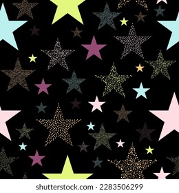 Seamless pattern with geometric shapes on a white and black background.  Stars and scrapes are laid out in an interesting seamless pattern.