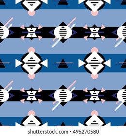 Seamless pattern with geometric shapes on blue background