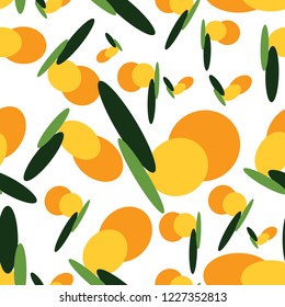 Seamless pattern of geometric shapes, orange circles and green ovals on white background, vector illustration for fabrics, printing
