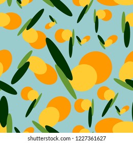 Seamless pattern of geometric shapes, orange circles and green ovals on blue background, vector illustration for fabrics, printing