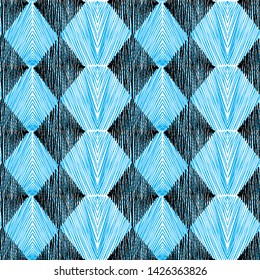 Seamless pattern of geometric shapes. The rhombus are shaded with black and blue shading.