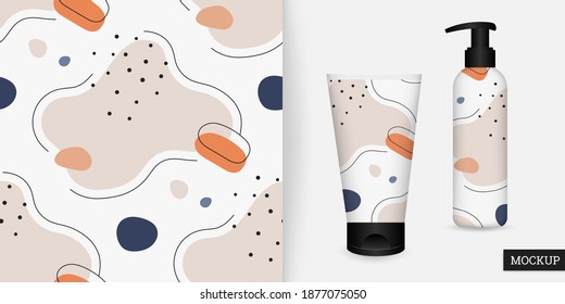 Seamless pattern of geometric shapes and scribble. Abstract background with spots and lines. Vector illustration. Repeating texture. Modern ornament. Design textile, paper, cloth. Mockup.