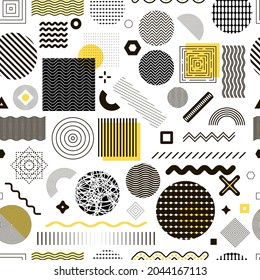 Patrón de formas geométricas sin foco. Formas separadas: círculo, cuadrado, líneas. Ilusión óptica. Imprimir. Textil. Ilustración de material vectorial. Fondo blanco. Cartel de banner de los elementos de los folletos web