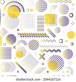 Seamless pattern of geometric shapes. Separate shapes: circle, square, lines. Optical illusion. Print. Textile. Vector stock illustration. White background. Elements for web flyers banner poster