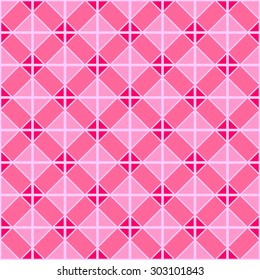 Seamless pattern of geometric shapes of squares and triangles as a mosaic tile in a bright pink berry color.