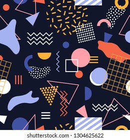 Seamless pattern with geometric shapes, stains, zigzag lines and dots on black background. Modern abstract backdrop. Vector illustration in retro style for wrapping paper, wallpaper, fabric print.