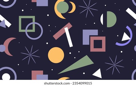 Seamless pattern with geometric shapes, stains, lines on black background. Modern abstract backdrop. Vector illustration in retro style for wrapping paper, wallpaper, fabric print.