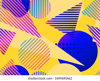 Seamless pattern with geometric shapes and stripes. Colorful fluid gradient. Memphis style of the 80s. Vector illustration