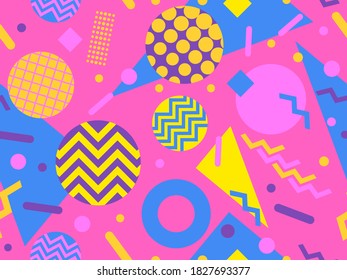 Seamless pattern with geometric shapes in the style of the 80s. Trendy retro background for printing on paper, advertising materials and fabric. Vector illustration