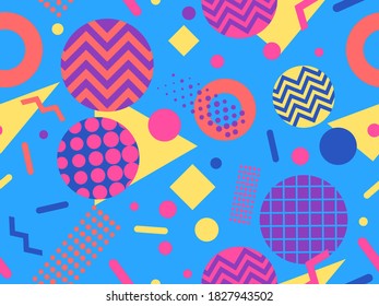 Seamless pattern with geometric shapes in the style of the 80s. Trendy retro background for printing on paper, advertising materials and fabric. Vector illustration