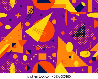 Seamless pattern with geometric shapes in the style of the 80s. Multicolored vintage background with triangles, circles and squares for brochures, banners and wrapping paper. Vector illustration