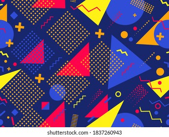 Patrón transparente con formas geométricas en el estilo de los años 80. Fondo vintage multicolor con triángulos, círculos y cuadrados para folletos, banners y papel de envoltura. Ilustración del vector