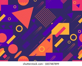 Seamless pattern with geometric shapes in the style of the 80s. Multicolored vintage background with triangles, circles and squares for brochures, banners and wrapping paper. Vector illustration